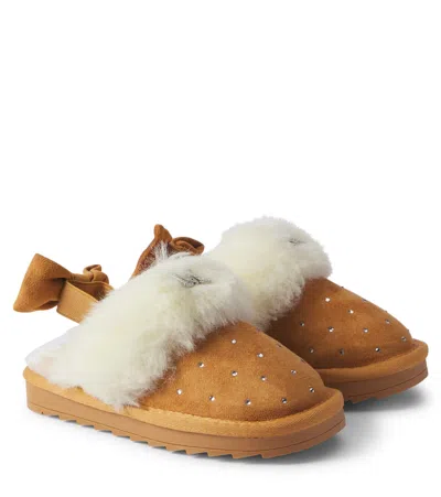 Monnalisa Kids' Embellished Faux Fur-lined Mules In Beige