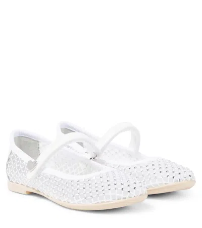 Monnalisa Kids' Mary-jane-ballerinas Aus Mesh Mit Kristallen In Weiss