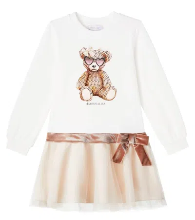 Monnalisa Kids' Embellished Printed Cotton-blend Tulle Dress In Neutral