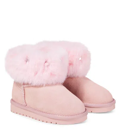 Monnalisa Kids' Ankle Boots Aus Veloursleder Mit Faux Fur In Pink