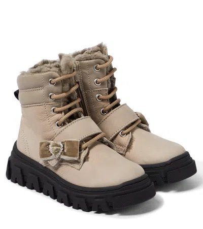 Monnalisa Kids' Embellished Suede Lace-up Boots In Beige