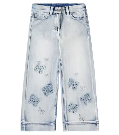 Monnalisa Kids' Embellished Wide-leg Jeans In Blue