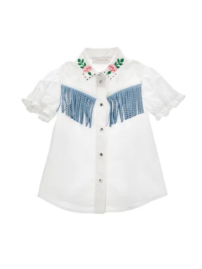 Monnalisa Embroidered And Fringed Cotton Shirt In White