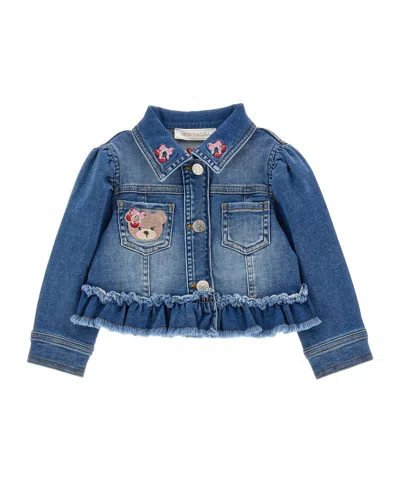 Monnalisa Kids'   Embroidered Denim Jacket In Denim Blue + Pink