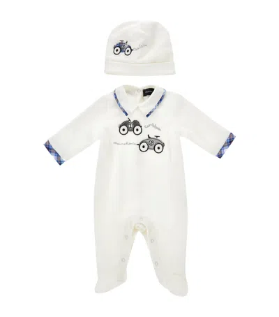 Monnalisa Babies' Embroidered Car All-in-one And Hat Set In Yellow