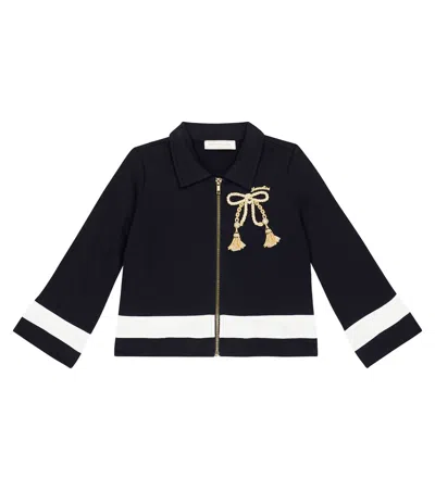 Monnalisa Kids' Embroidered Cotton Jersey Jacket In Blu+bianco