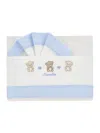 Monnalisa Embroidered Cotton Sheet Set In Cream White + Sky Blue