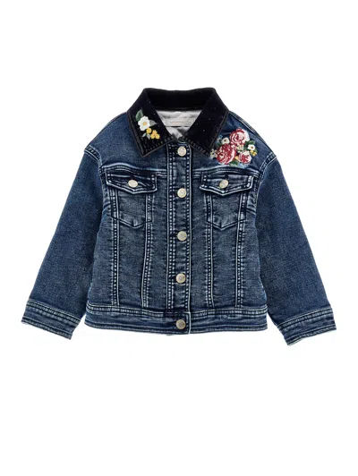 Monnalisa Embroidered Denim Jacket In Blu Stone Denim