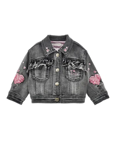 Monnalisa Kids'   Embroidered Denim Jacket In Grey
