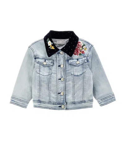 Monnalisa Kids'   Embroidered Denim Jacket In Stone Bleach