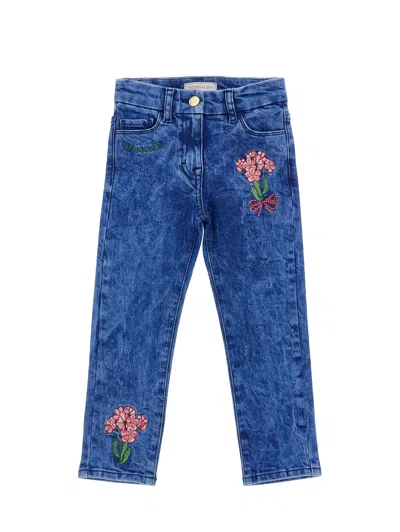 Monnalisa Kids'   Embroidered Denim Jeans In Denim Blue + Pink