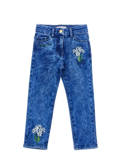 Monnalisa Kids'   Embroidered Denim Jeans In Denim Blue + Sky Blue