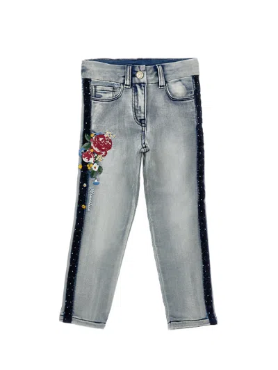 Monnalisa Kids'   Embroidered Denim Jeans In Stone Bleach