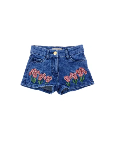 Monnalisa Kids'   Embroidered Denim Shorts In Denim Blue + Pink