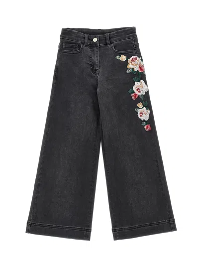 Monnalisa Kids'   Embroidered Denim Trousers In Black