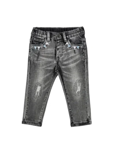 Monnalisa Kids'   Embroidered Denim Trousers In Light Grey + Black