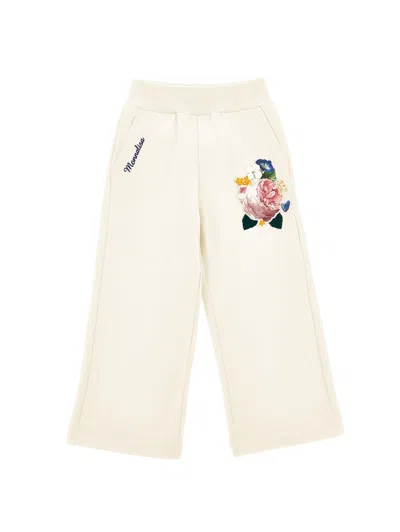 Monnalisa Kids'   Embroidered Fleece Palazzo Trousers In Cream