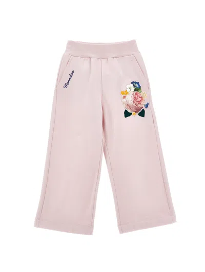 Monnalisa Kids'   Embroidered Fleece Palazzo Trousers In Onion Couture