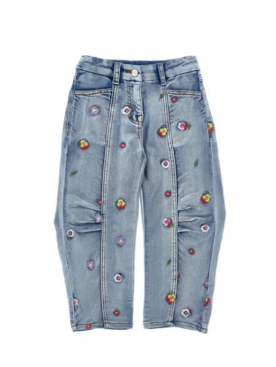 Monnalisa Babies'   Embroidered Flower Denim Jeans In Blue