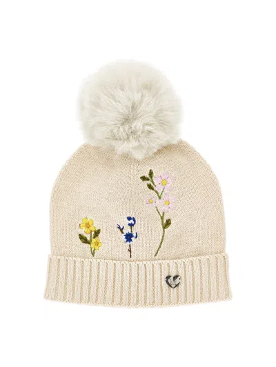 Monnalisa Babies'  Embroidered Flower Hat In Neutral