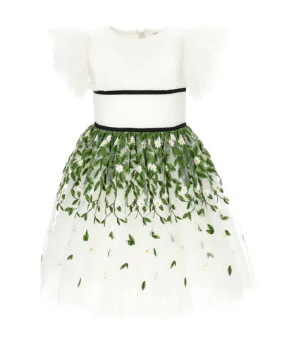 Monnalisa Tulle Dress With Leaf Embroidery In White