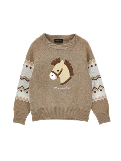 Monnalisa Babies'   Embroidered Pony Sweater In Brown