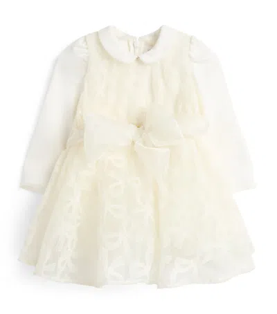 Monnalisa Kids'  Embroidered Tulle Bow Dress In Ivory