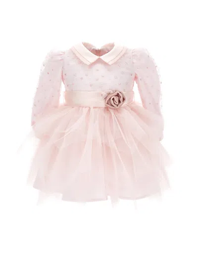 Monnalisa Kids'   Embroidered Tulle Dress In Cream + Pink