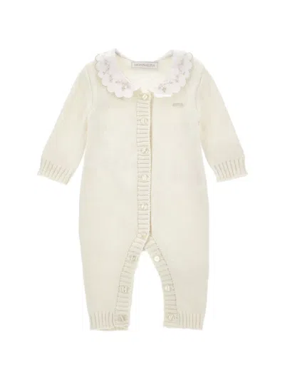 Monnalisa Babies' Embroidered-collar Knitted Romper In White