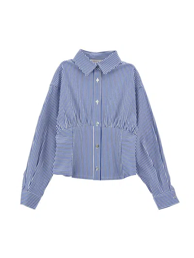 Monnalisa Kids'   Fashionable Striped Fabric Shirt In Cream + Navy Blue