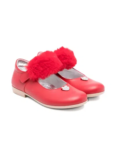 Monnalisa Kids' Faux-fur-trimmed Heart-detail Ballerina Shoes In Red