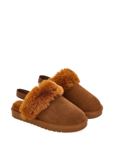 Monnalisa Kids' Faux-fur Trim Slingback Slippers In Brown
