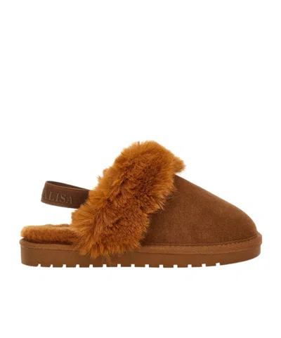 Monnalisa Kids' Faux-fur Trim Slingback Slippers In Brown