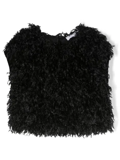 Monnalisa Kids' Feather-effect Short-sleeve Top In Black