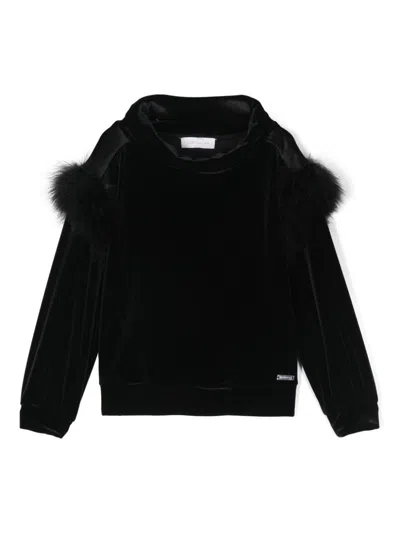 Monnalisa Kids' Feather-trim Detail Blouse In 黑色