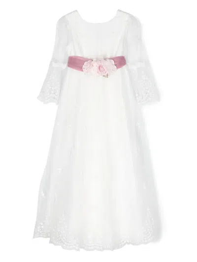 Monnalisa Kids' Floral-appliqué Cotton Maxi Dress In White