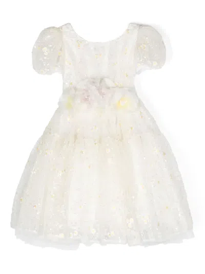 Monnalisa Kids' Floral-appliqué Flared Minidress In White