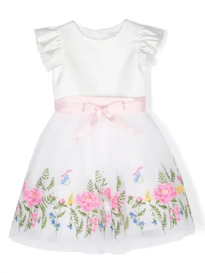 Monnalisa Kids' Floral-appliqué Full-skirt Dress In White