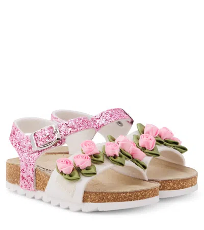 Monnalisa Kids' Floral-appliqué Glitter Sandals In Pink