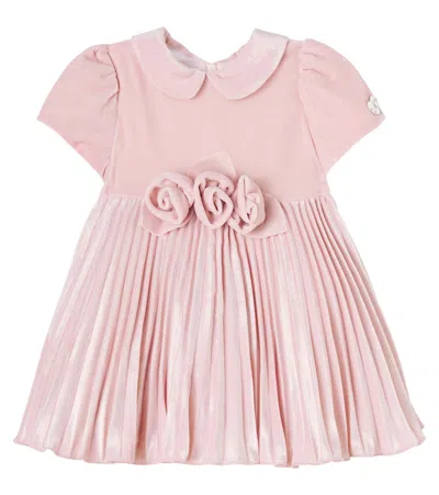 Monnalisa Babies' Floral-appliqué Plissé Velvet Dress In Pink