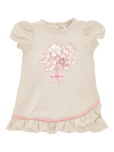 Monnalisa Babies' Floral-appliqué Ruffled Dress In Neutral