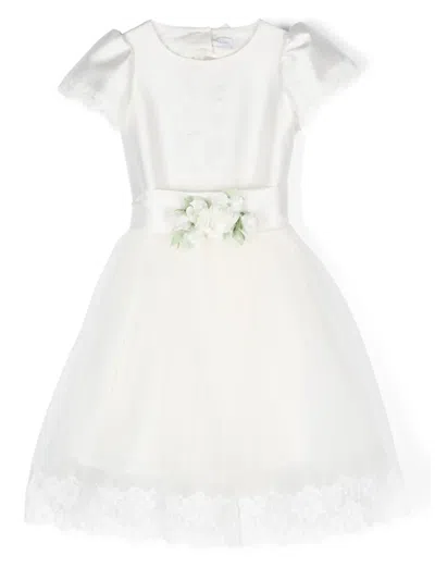 Monnalisa Kids' Floral-appliqué Short-sleeved Dress In White