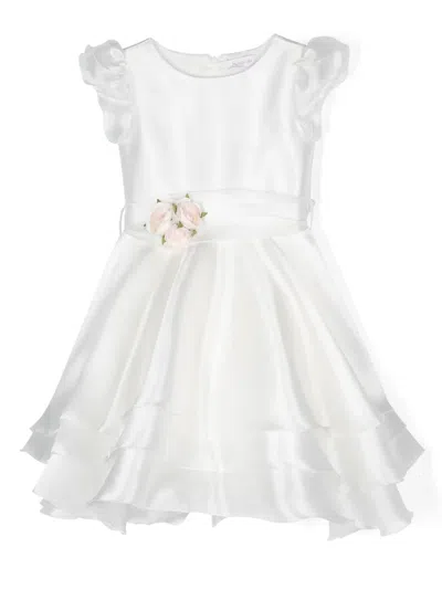 Monnalisa Kids' Floral-appliqué Short-sleeved Dress In White