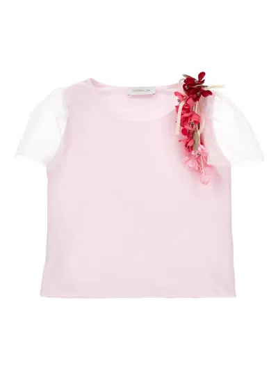 Monnalisa Kids' Floral-appliqué Tulle Blouse In Pink