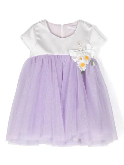 Monnalisa Babies' Floral-appliqué Tulle Dress In Purple