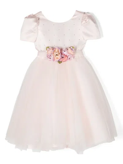 Monnalisa Kids' Floral-appliqué Tulle-overlay Dress In Pink