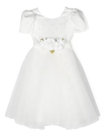 Monnalisa Kids' Floral-appliqué Tulle-overlay Dress In White