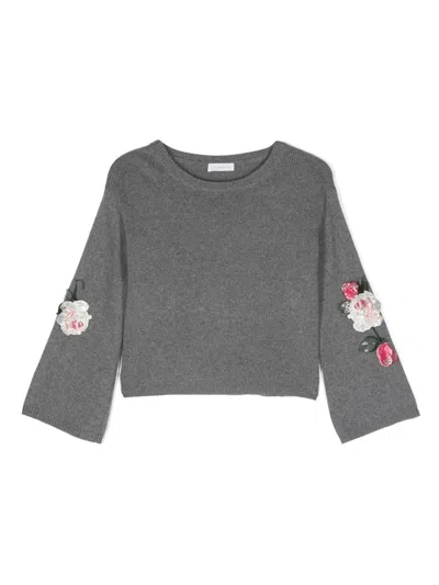 Monnalisa Kids' Floral-appliqué Wool Blend Jumper In Grey
