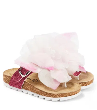 Monnalisa Kids' Glittered Thong Sandals W/ Appliqué In Pink