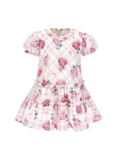 Monnalisa Floral Batavia Dress In Cream + Pink